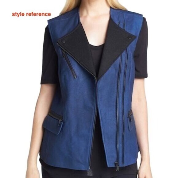 Rebecca Taylor Black Lamb Leather Moto Vest with Wool‎ Lapel, Size XS - Picture 3 of 15
